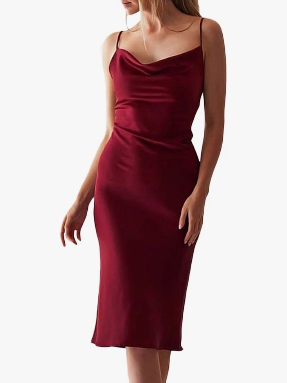 Satin Cowl Neck Midi Dress in Burgundy